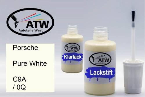 Porsche, Pure White, C9A / 0Q: 20ml Lackstift + 20ml Klarlack - Set, von ATW Autoteile West.